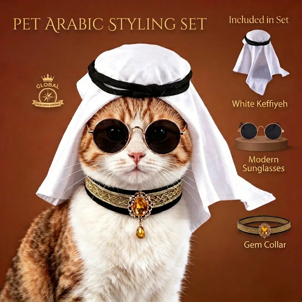 Arabian Style Pet Accessory Set Rhinestone Gem Collar With Headscarf For Cat Small Dog Party Photo Decor