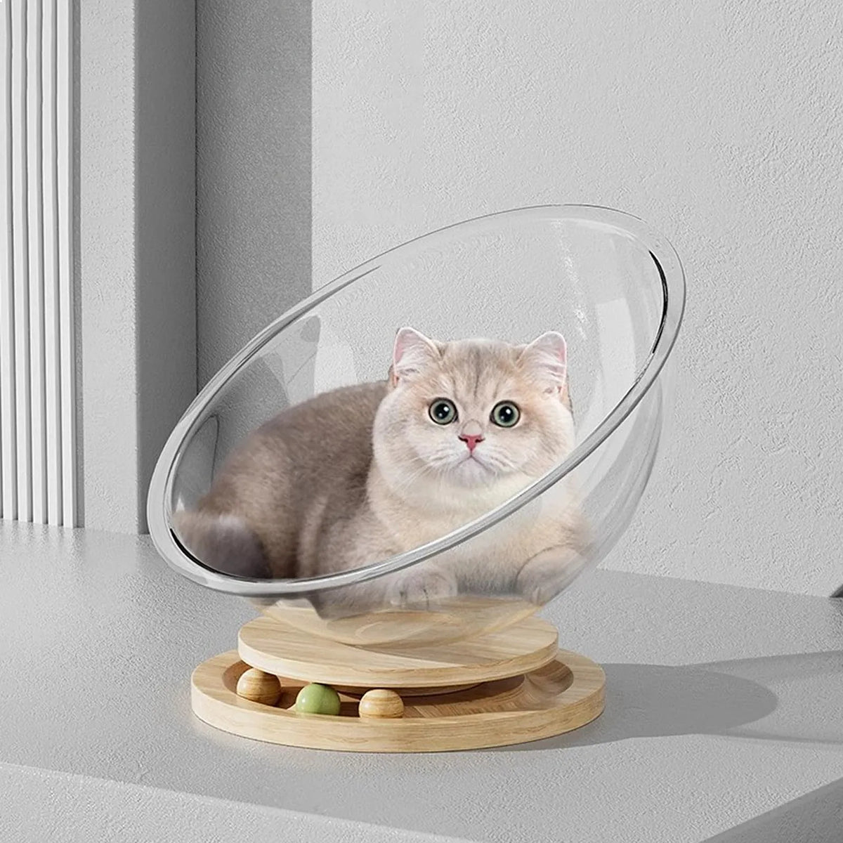 Clearance: Space Cabin Cat Bed, All-Season Transparent Ice-Acrylic Cat House with Wooden Turntable, Summer-Ready Cat Toy