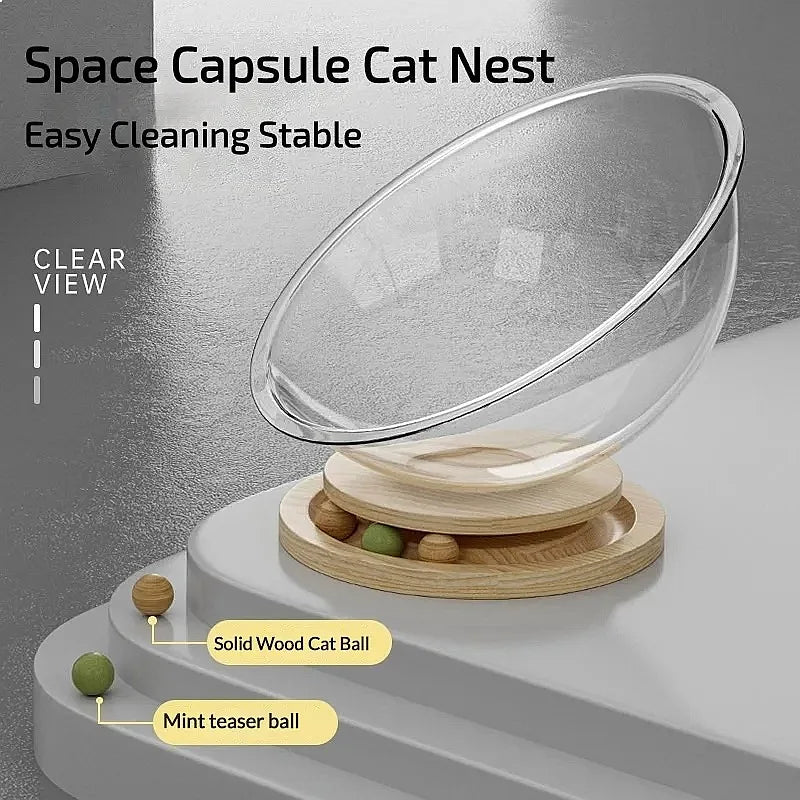 Clearance: Space Cabin Cat Bed, All-Season Transparent Ice-Acrylic Cat House with Wooden Turntable, Summer-Ready Cat Toy
