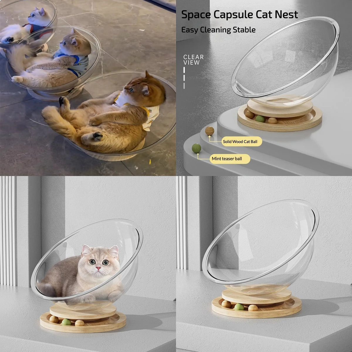 Clearance: Space Cabin Cat Bed, All-Season Transparent Ice-Acrylic Cat House with Wooden Turntable, Summer-Ready Cat Toy
